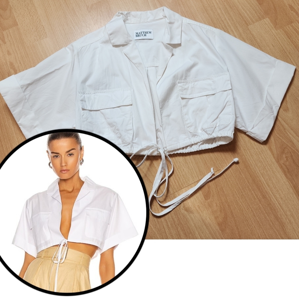MATTHEW BRUCH White Cropped Safari Shirt Size 2 Medium Cotton Short Sleeve